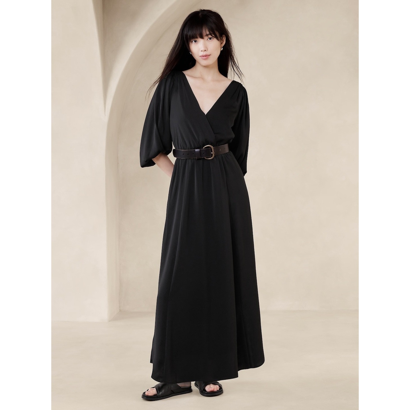 Banana Republic Long Sleeve Blouson V-Neck Faux Wrap Maxi Dress Medium Petite